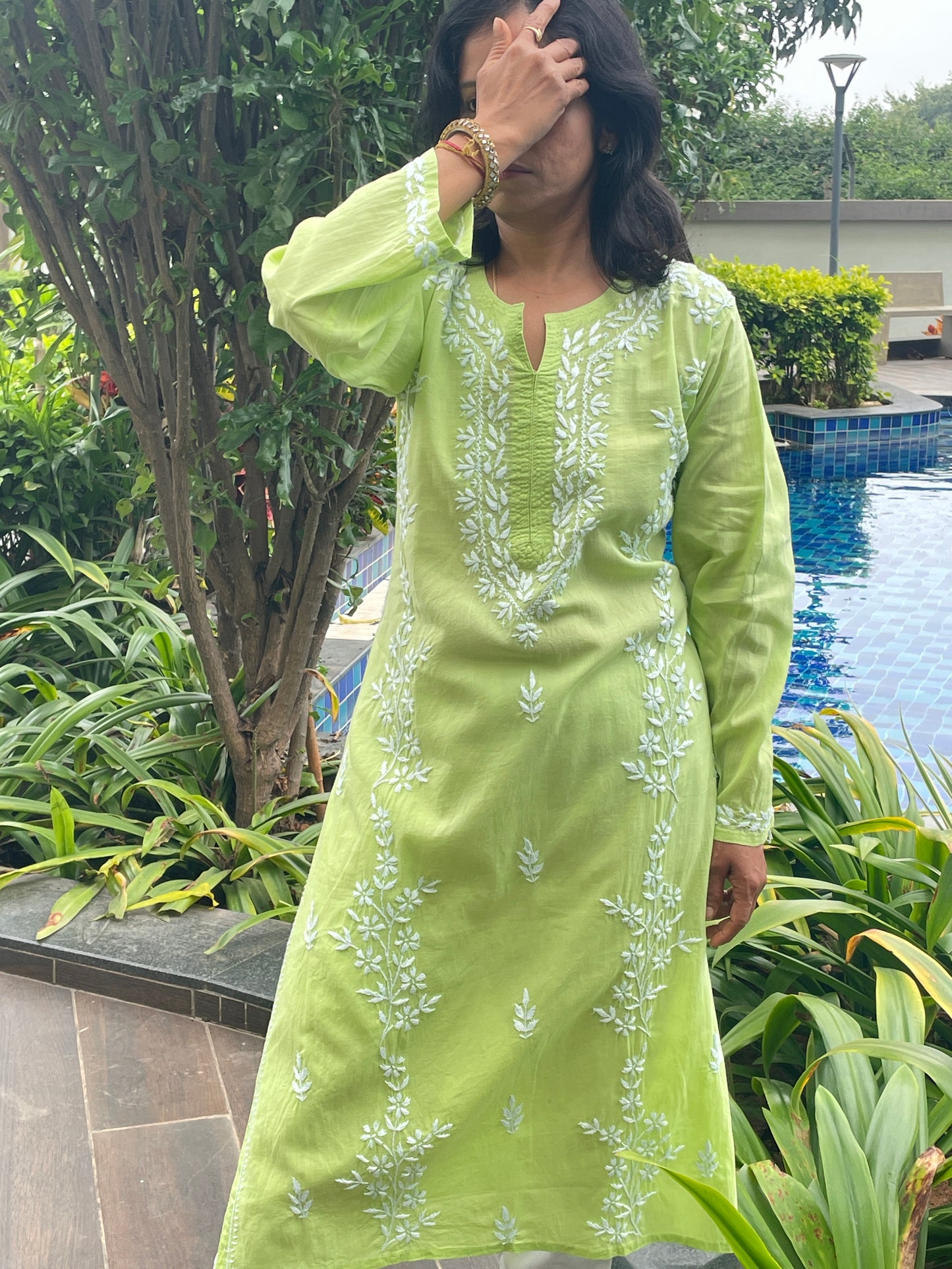 Cotton Chikankari Solid Women's Long Kurta - Green