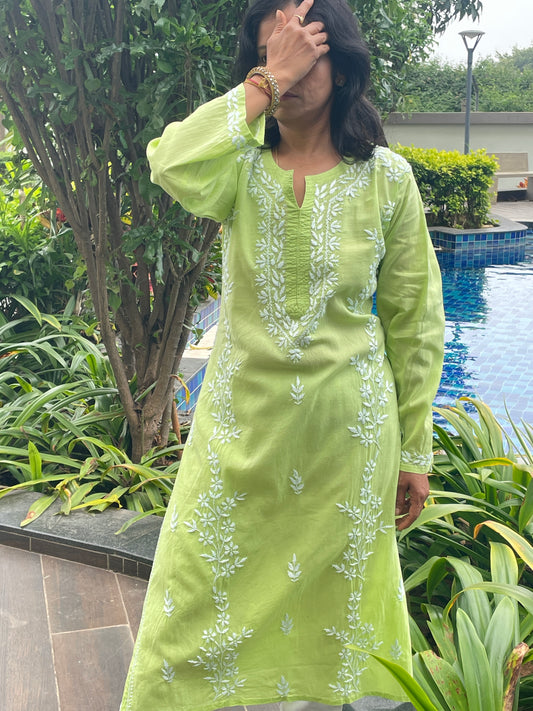 Cotton Chikankari Solid Women's Long Kurta - Green
