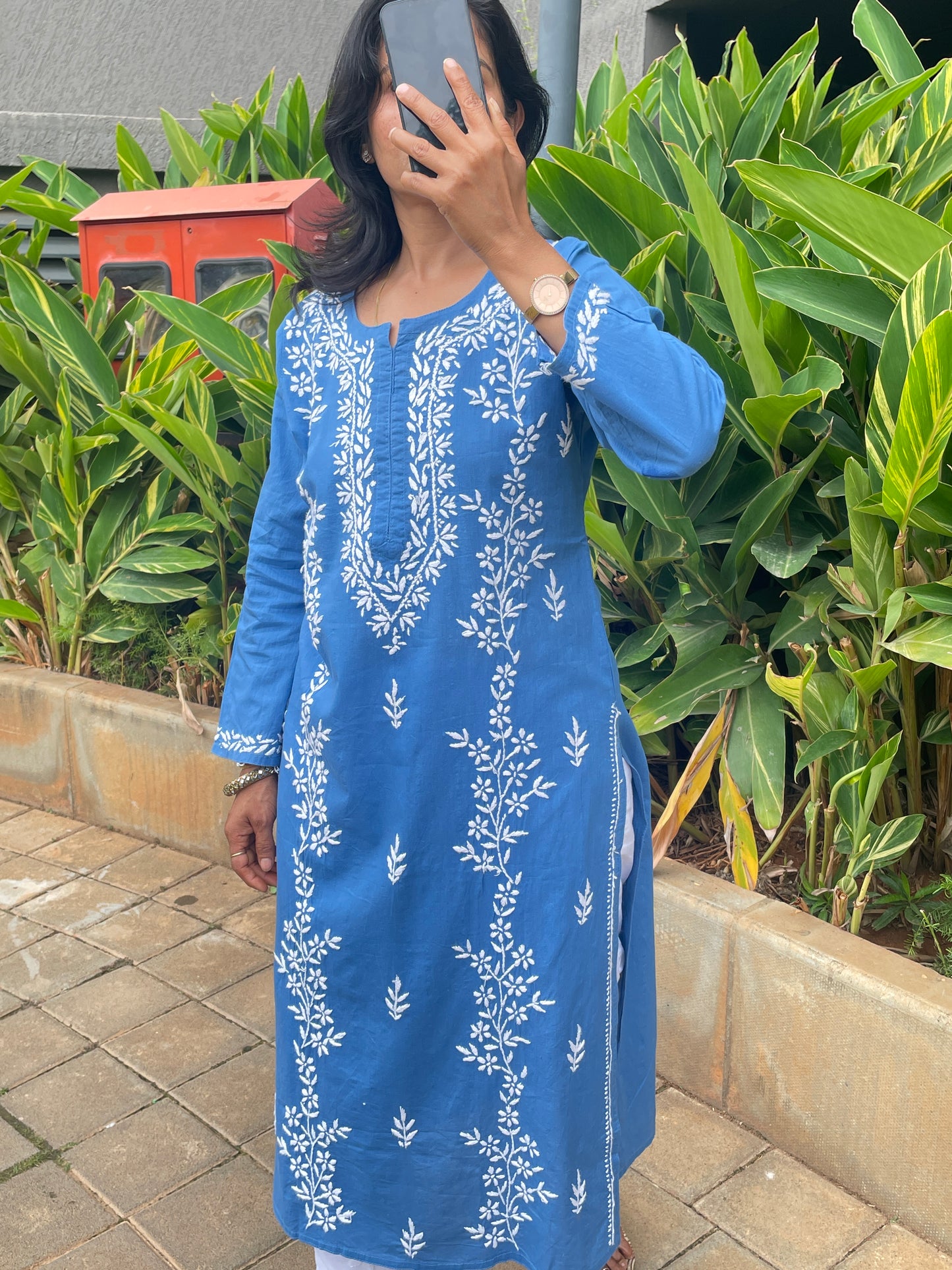 Cotton Chikankari Solid Women's Long Kurta - Blue