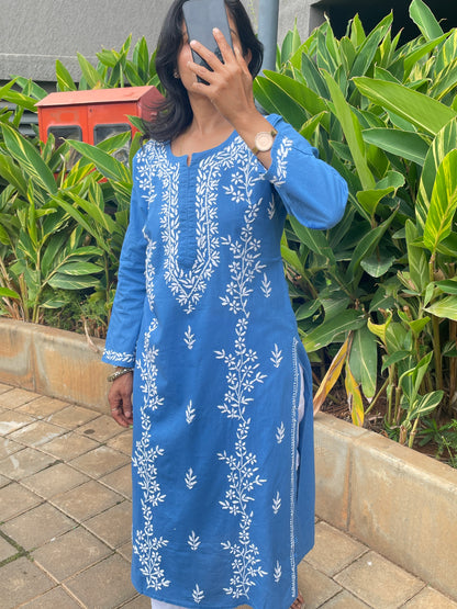 Cotton Chikankari Solid Women's Long Kurta - Blue