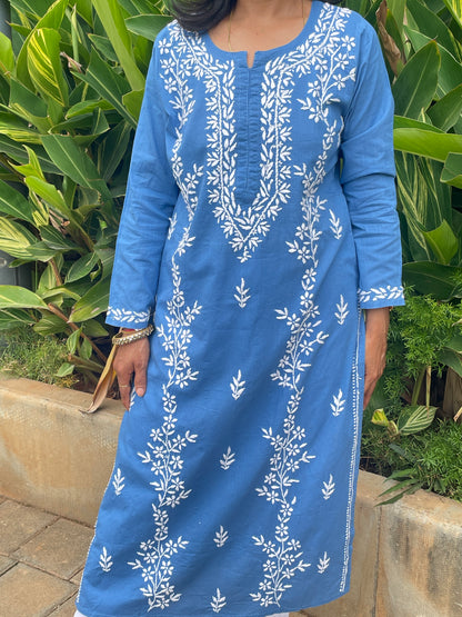 Cotton Chikankari Solid Women's Long Kurta - Blue
