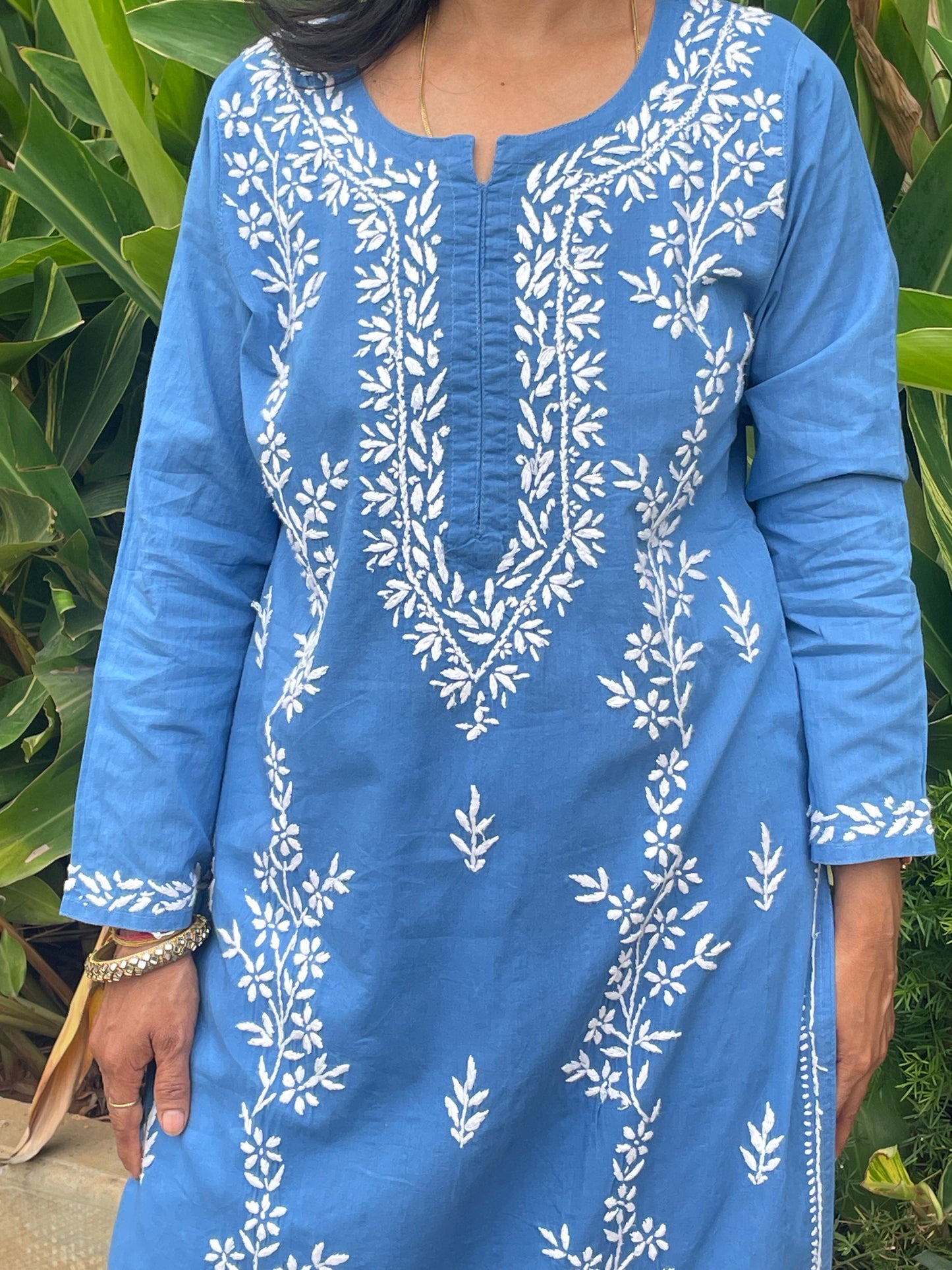 Cotton Chikankari Solid Women's Long Kurta - Blue