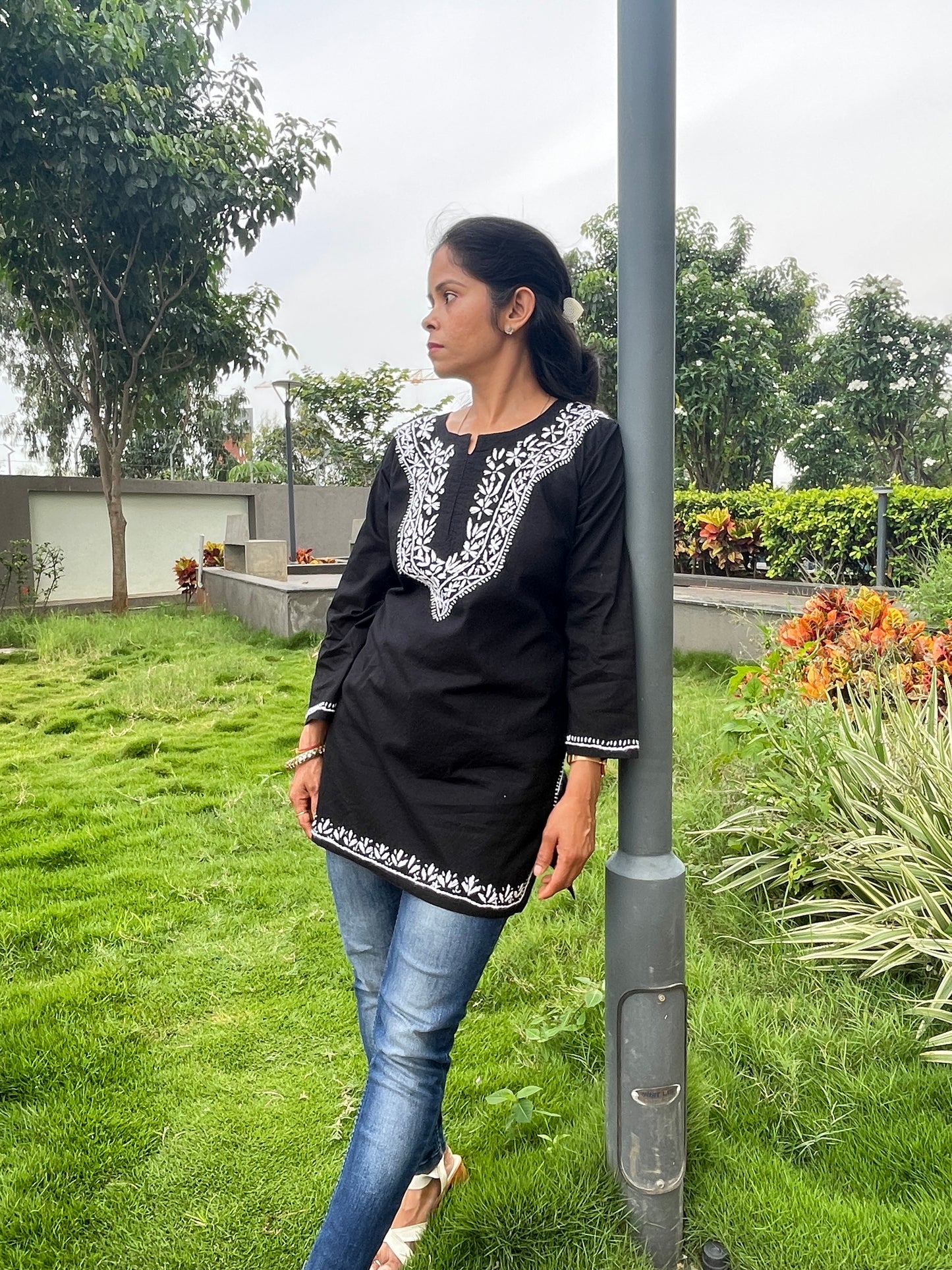 Cotton Chikankari Women's Short Kurta - Black