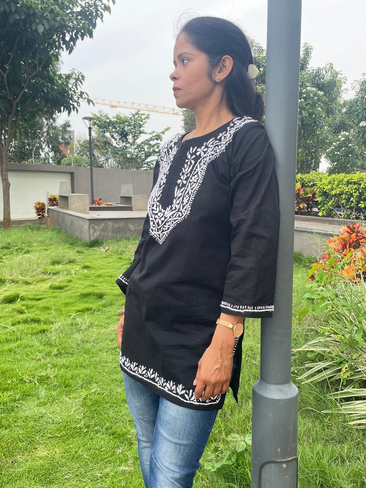 Cotton Chikankari Women's Short Kurta - Black