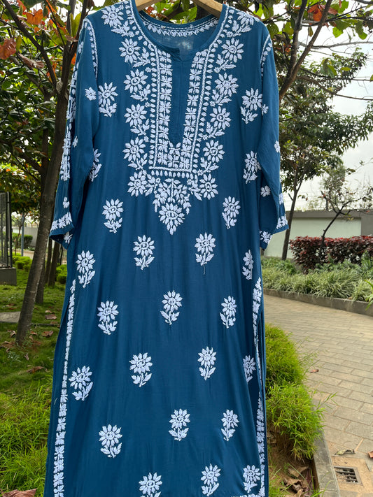 Rayon Chikankari 3D Long Kurta - Blue