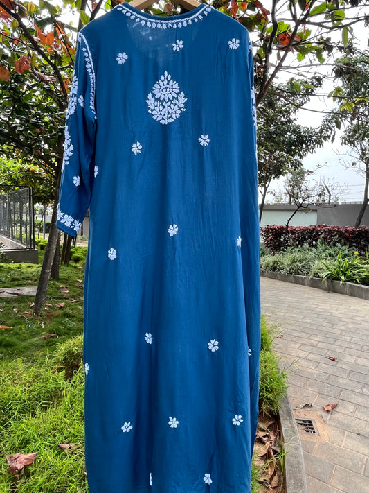 Rayon Chikankari 3D Long Kurta - Blue