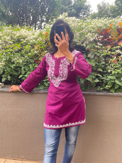Cotton Chikankari Women's Short Kurta - Wine