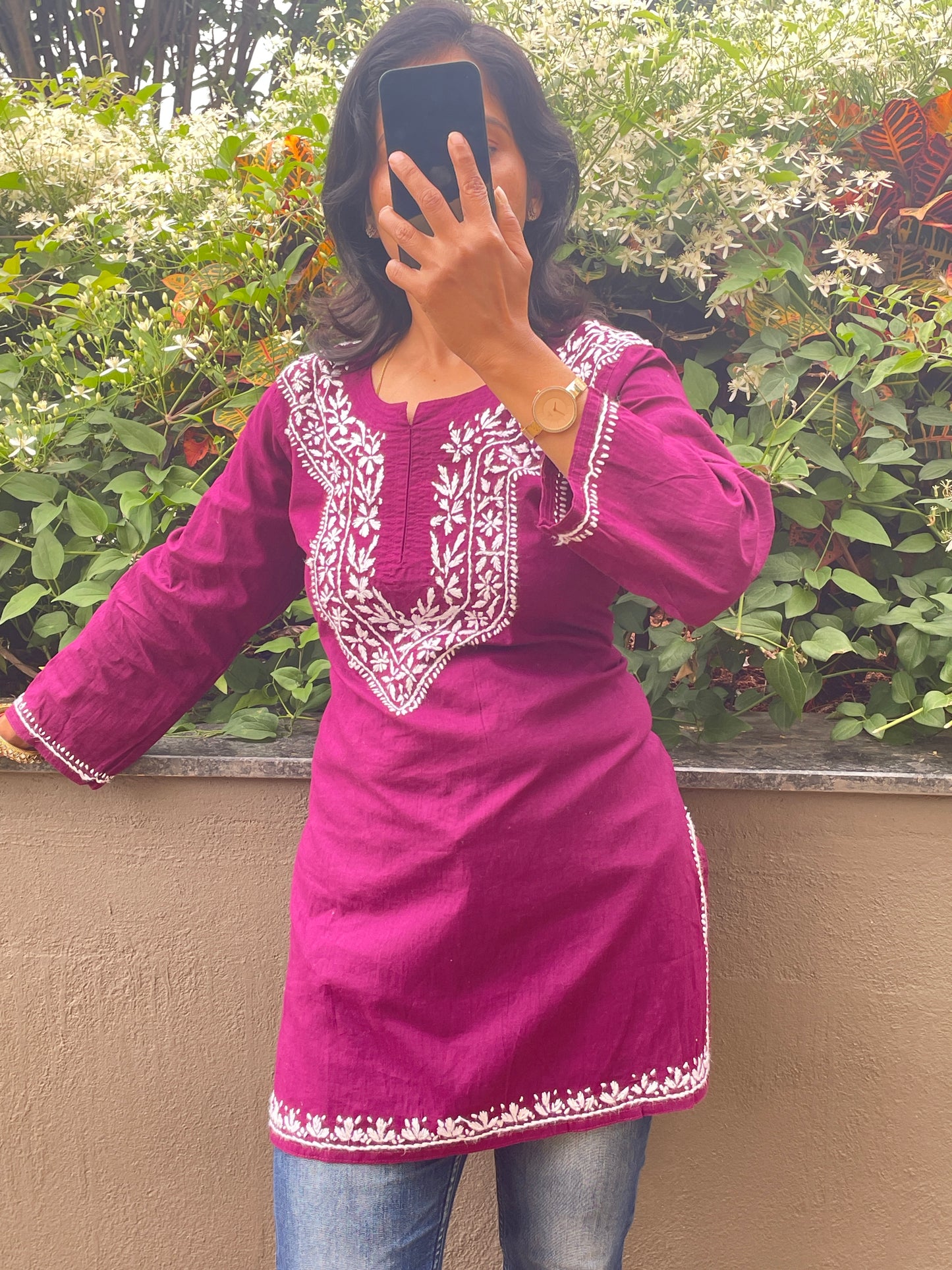 Cotton Chikankari Women's Short Kurta - Wine