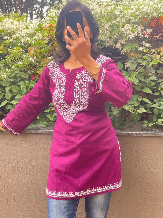 Cotton Chikankari Women's Short Kurta - Wine