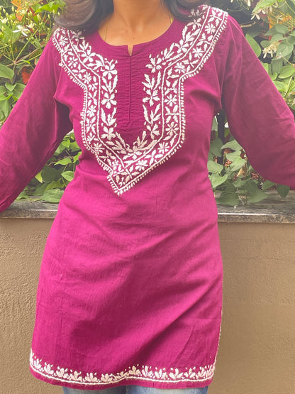 Cotton Chikankari Women's Short Kurta - Wine