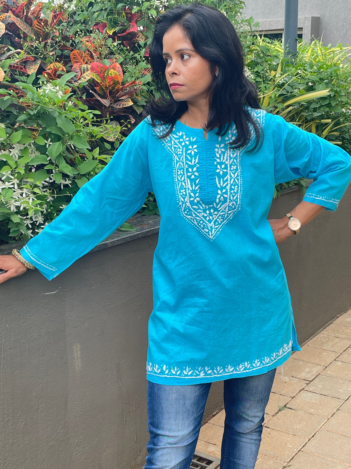 Cotton Chikankari Women's Short Kurta - Blue