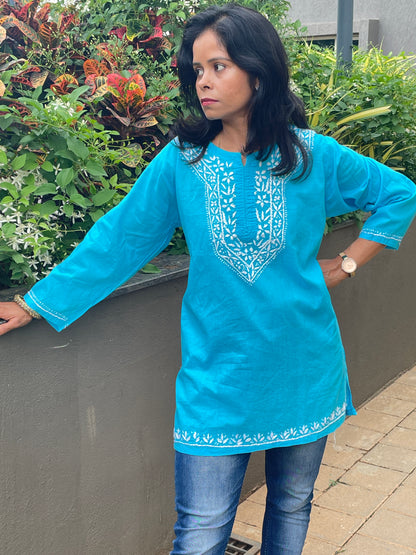 Cotton Chikankari Women's Short Kurta - Blue