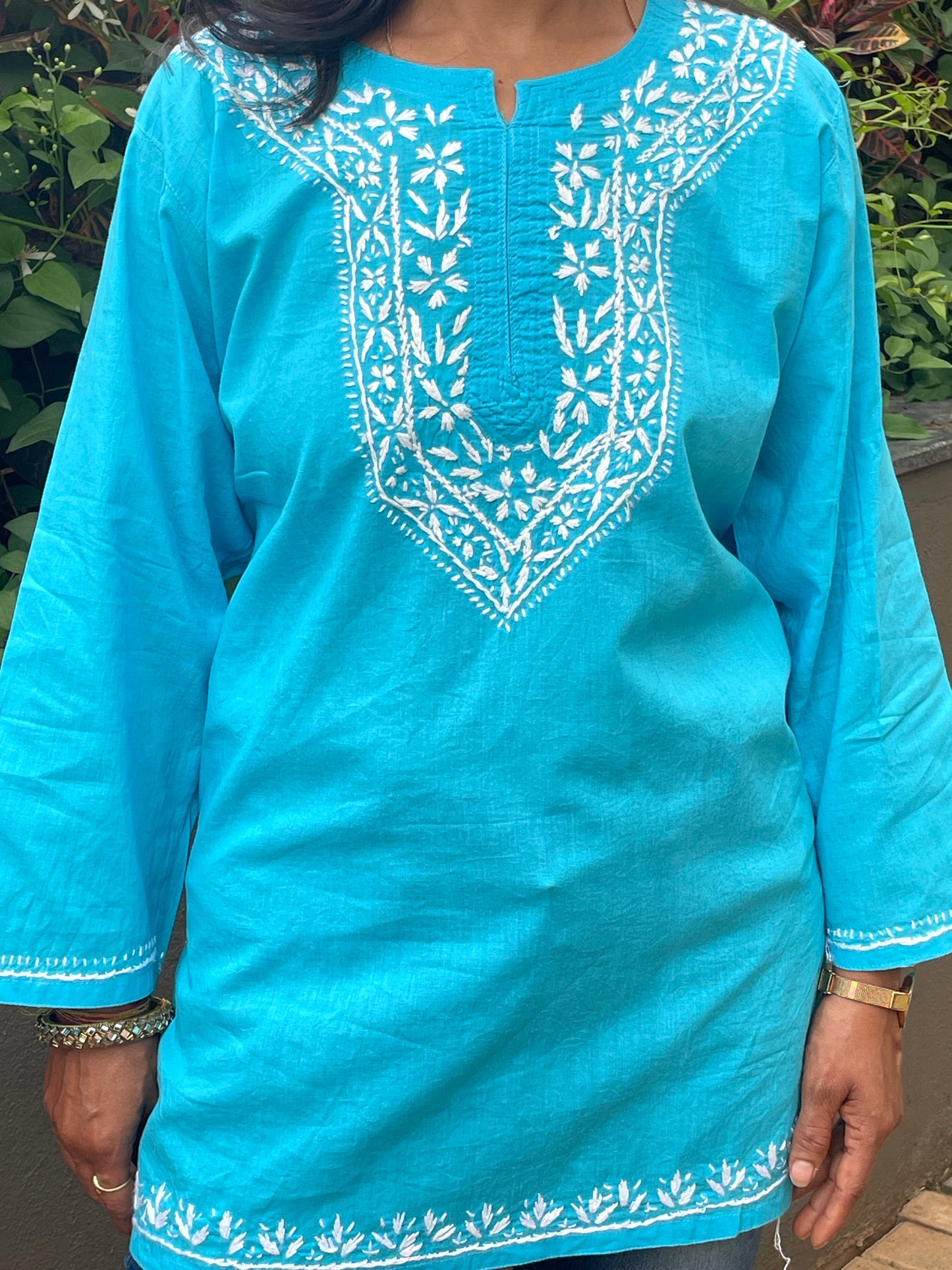 Cotton Chikankari Women's Short Kurta - Blue