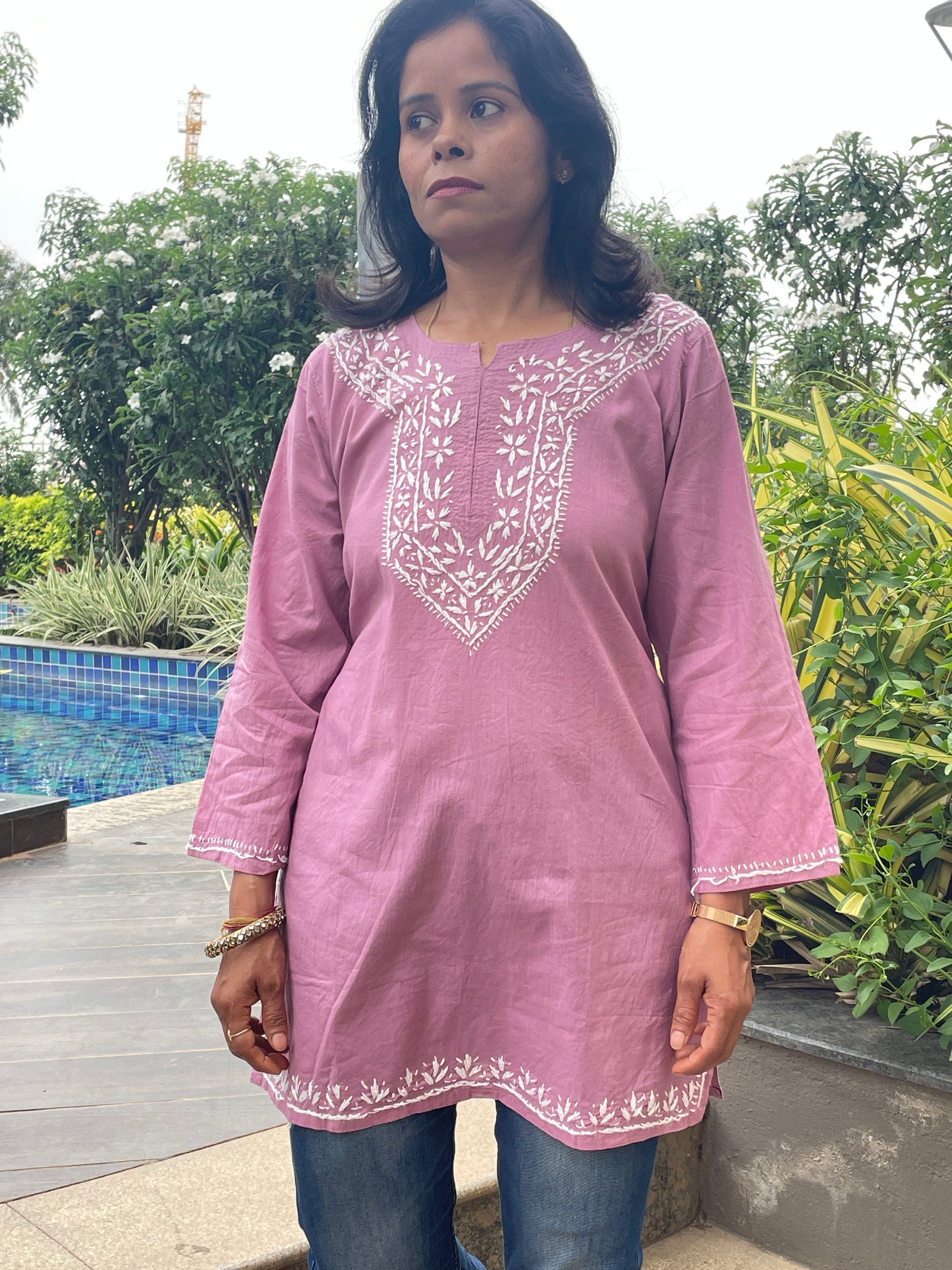 Cotton Chikankari Women's Short Kurta - Purple