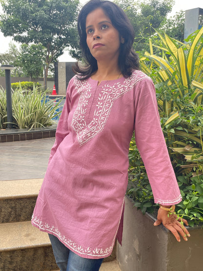 Cotton Chikankari Women's Short Kurta - Purple
