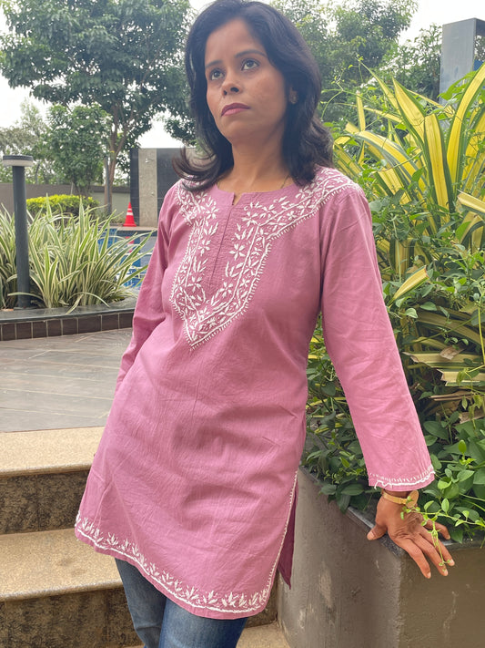 Cotton Chikankari Women's Short Kurta - Purple