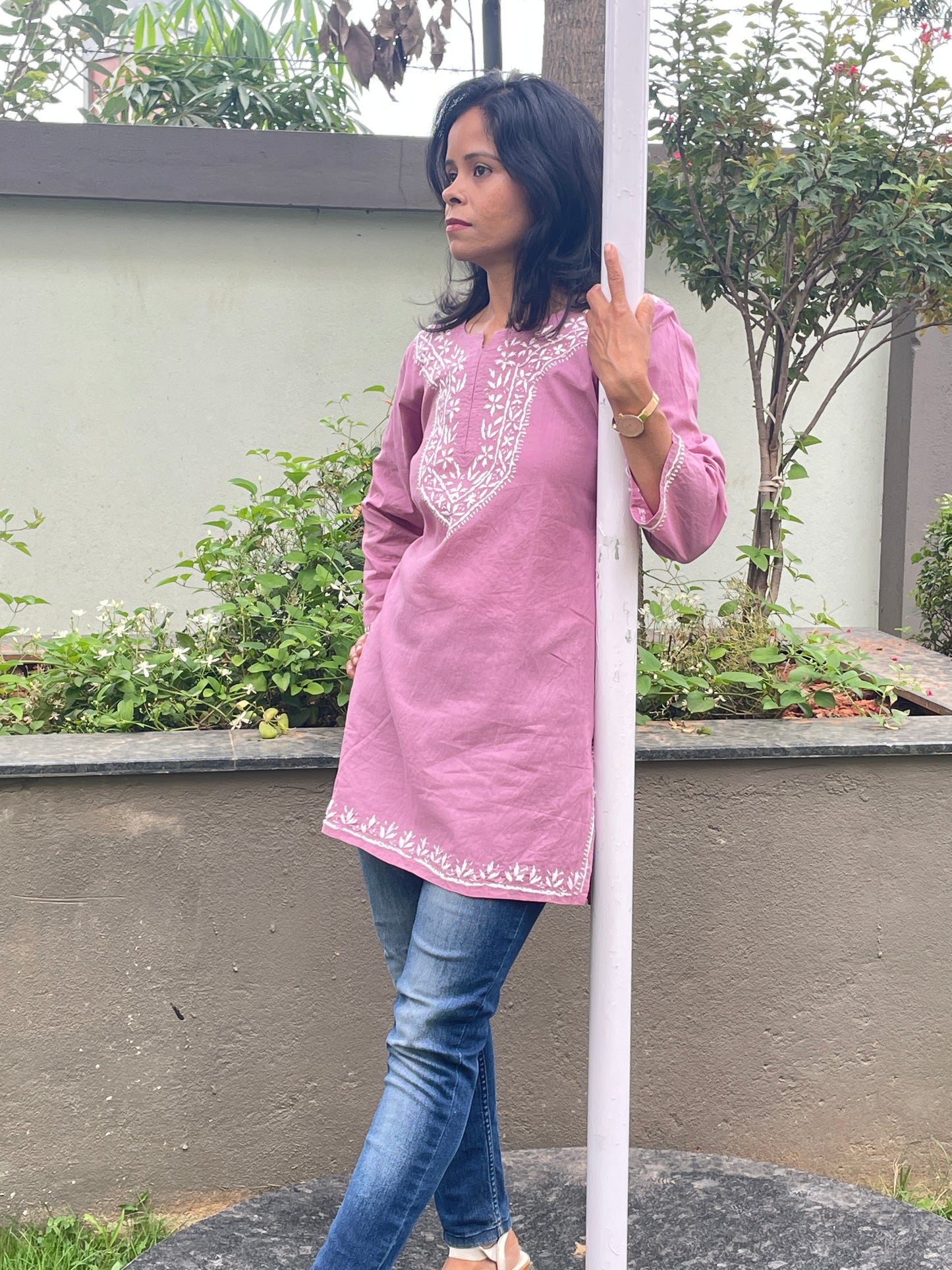 Cotton Chikankari Women's Short Kurta - Purple