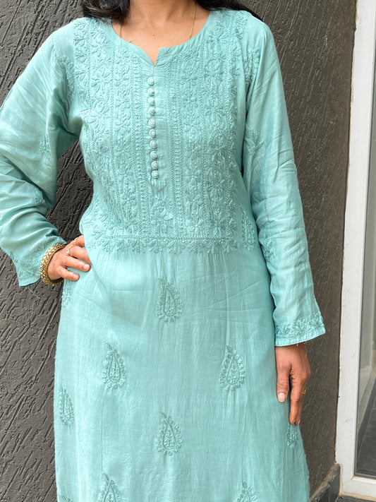 Muslin Chikankari Solid Women's Long Kurta - Green