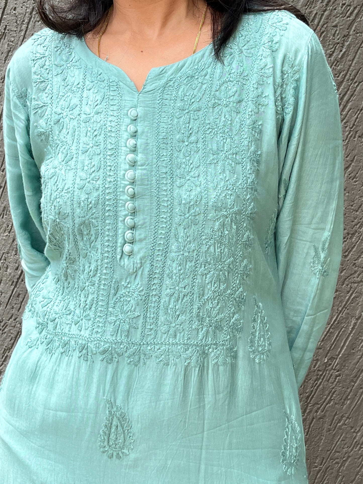 Muslin Chikankari Solid Women's Long Kurta - Green