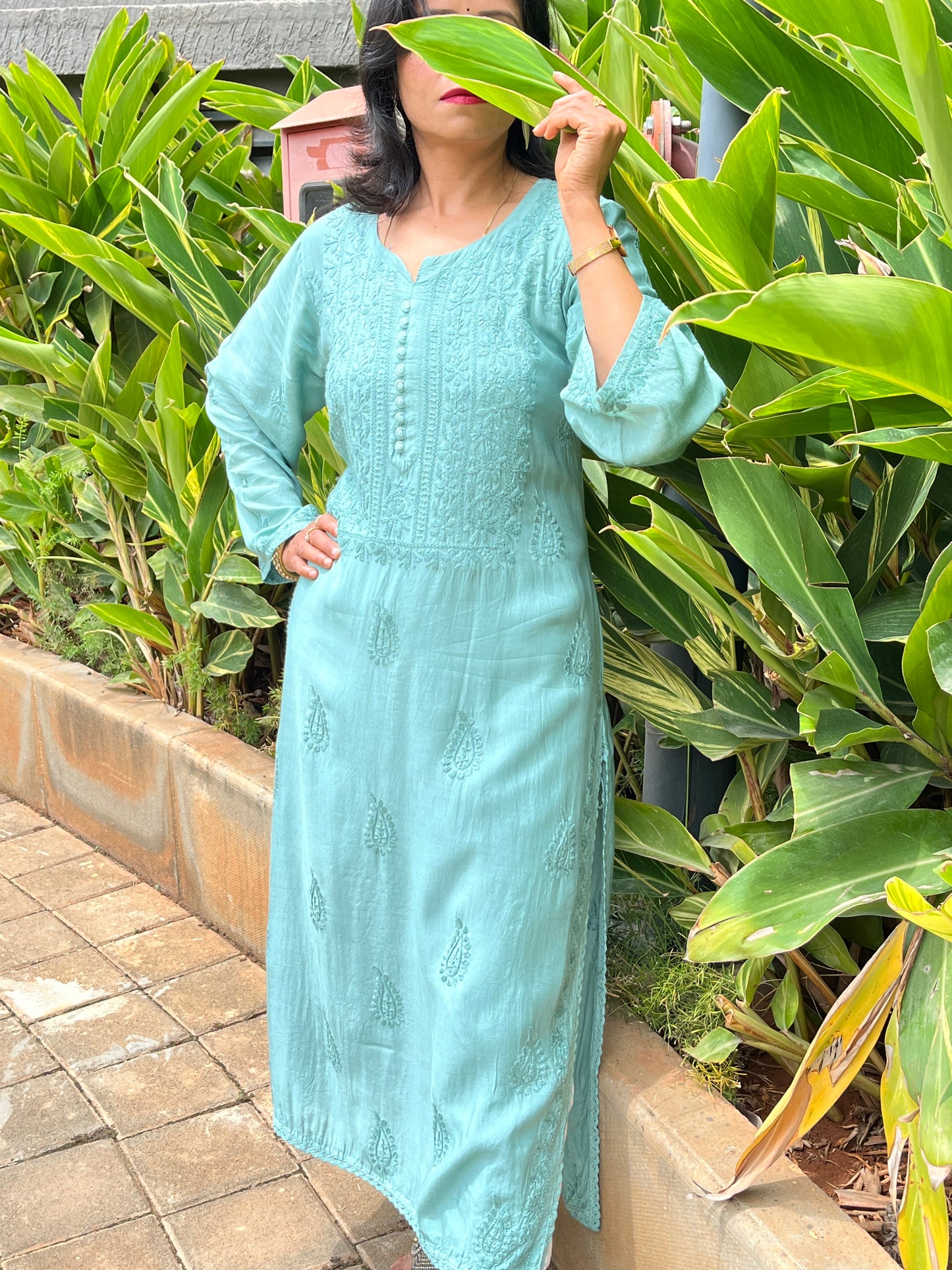 Muslin Chikankari Solid Women's Long Kurta - Green