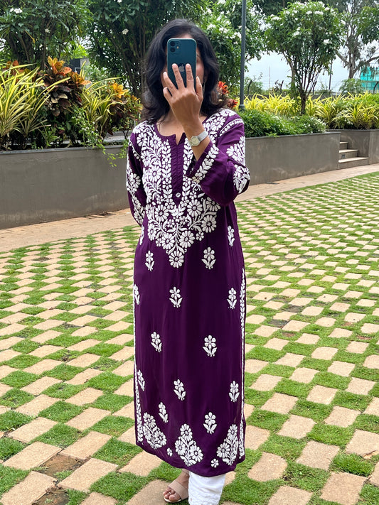 Modal 3D Chikankari Women's Long Kurta - Wine