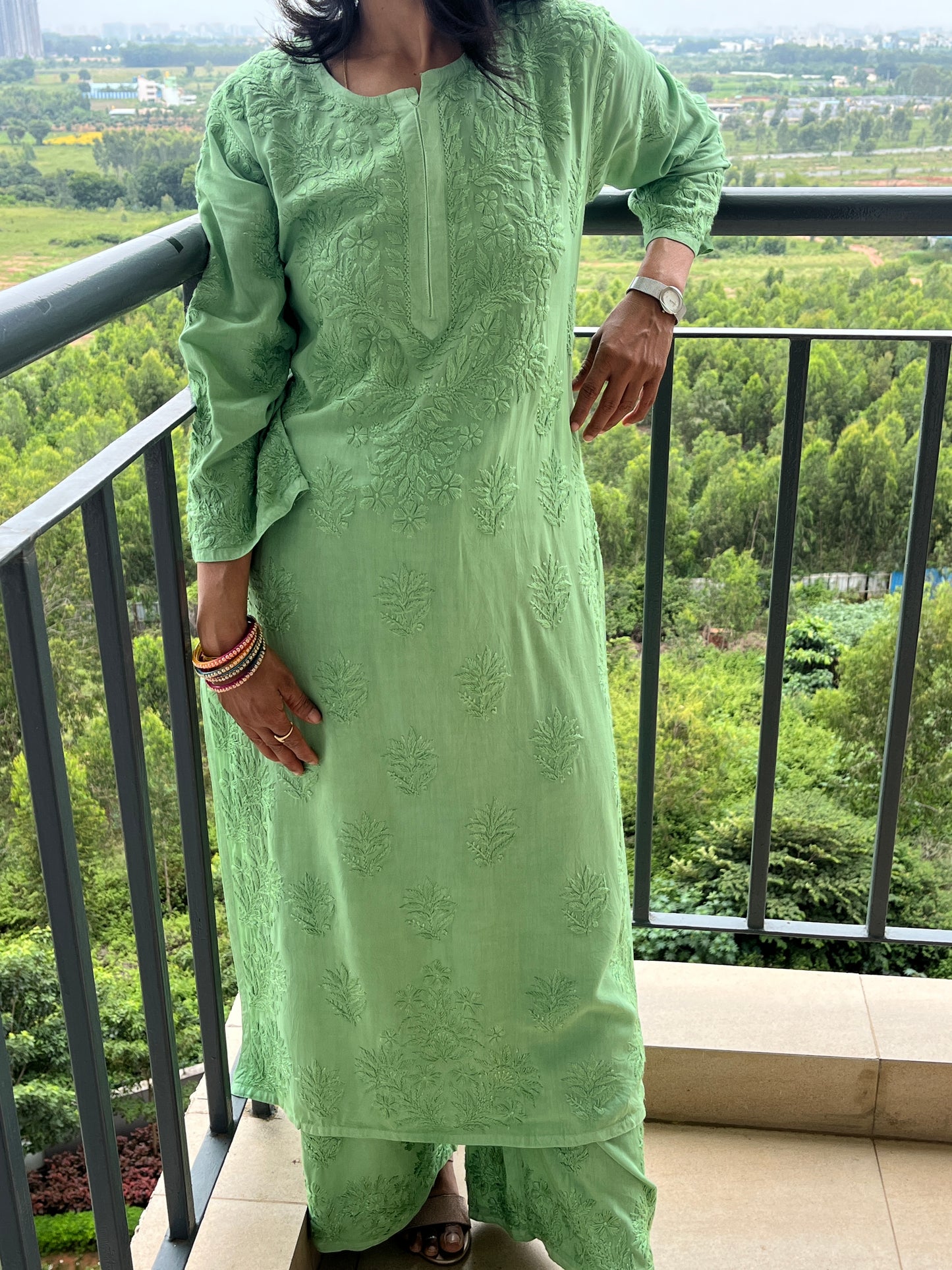 Rayon 3D Chikankari Kurta Set- Green