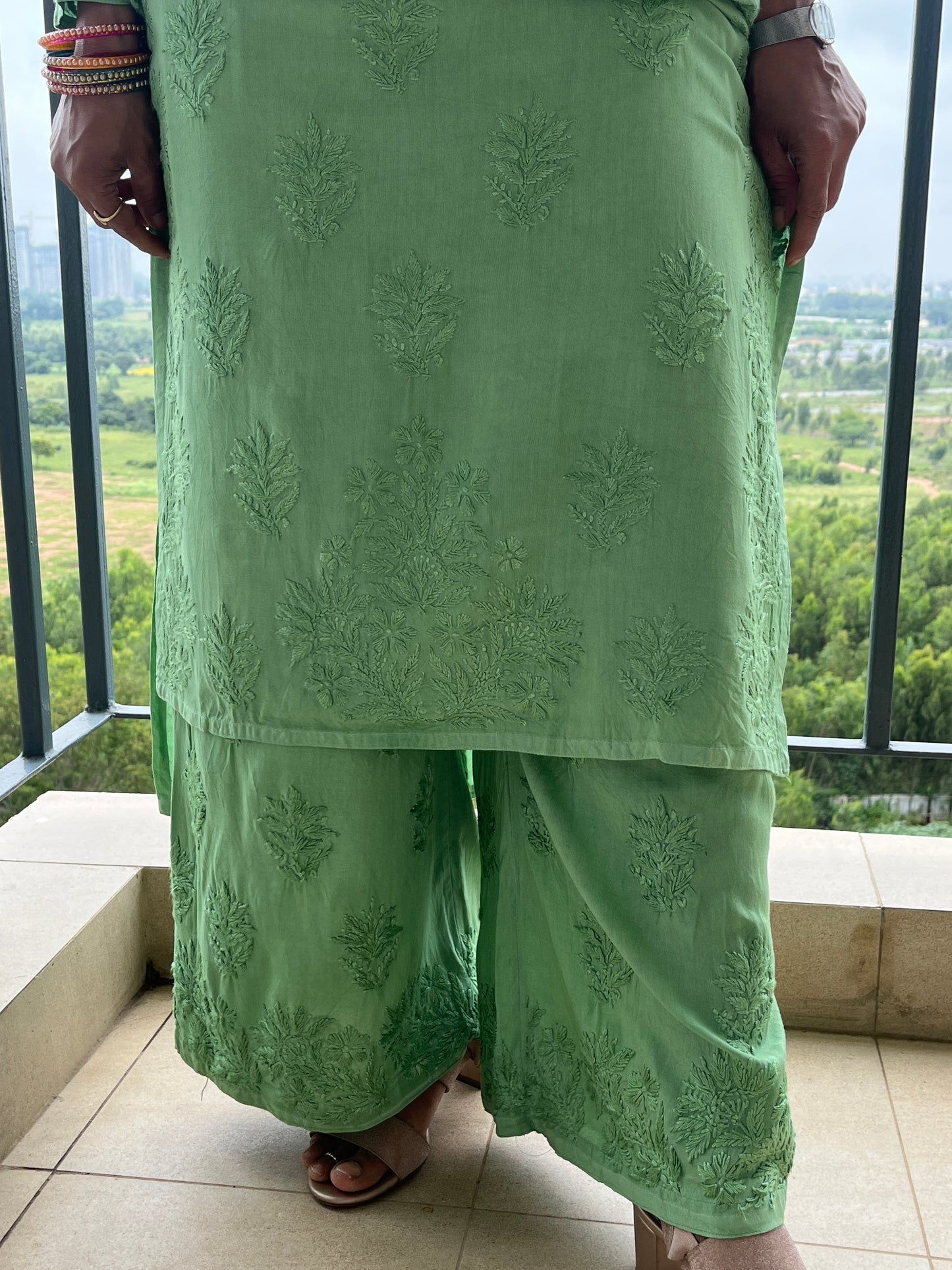Rayon 3D Chikankari Kurta Set- Green