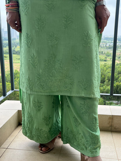 Rayon 3D Chikankari Kurta Set- Green
