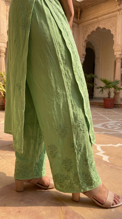 Rayon 3D Chikankari Kurta Set- Green