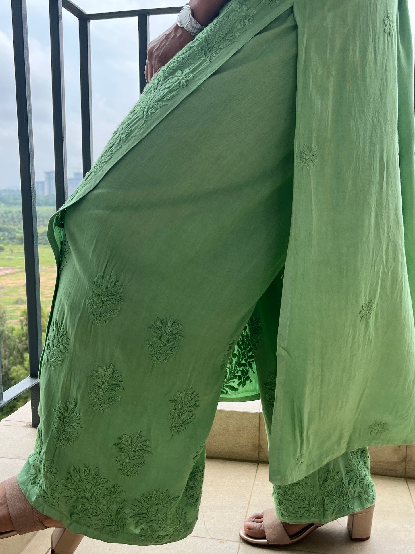 Rayon 3D Chikankari Kurta Set- Green