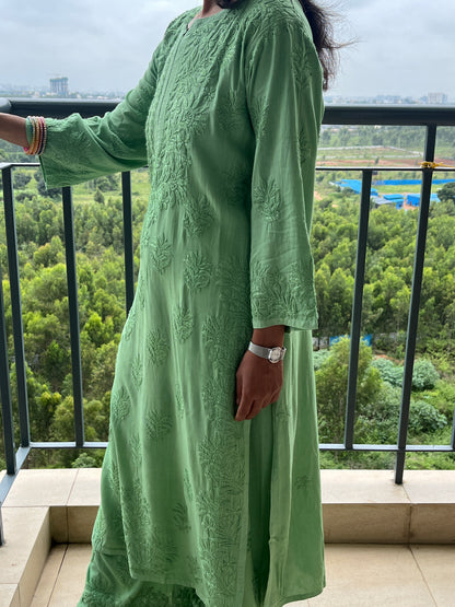 Rayon 3D Chikankari Kurta Set- Green