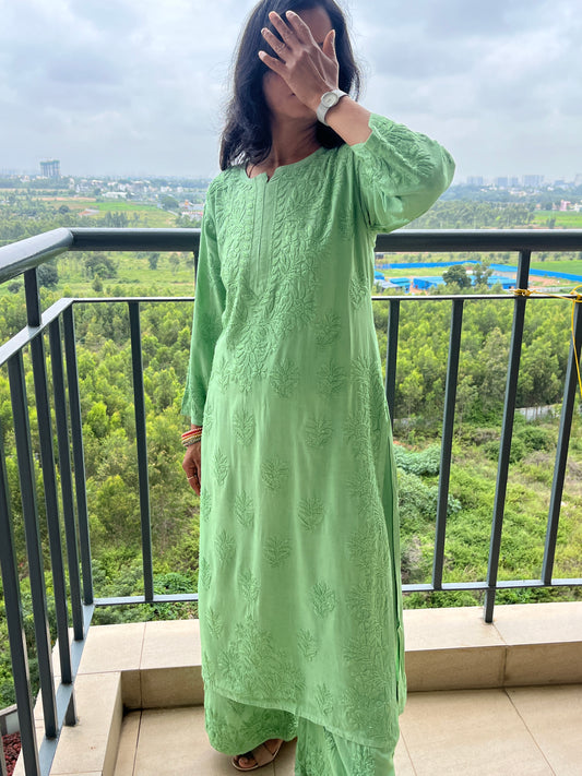Rayon 3D Chikankari Kurta Set- Green