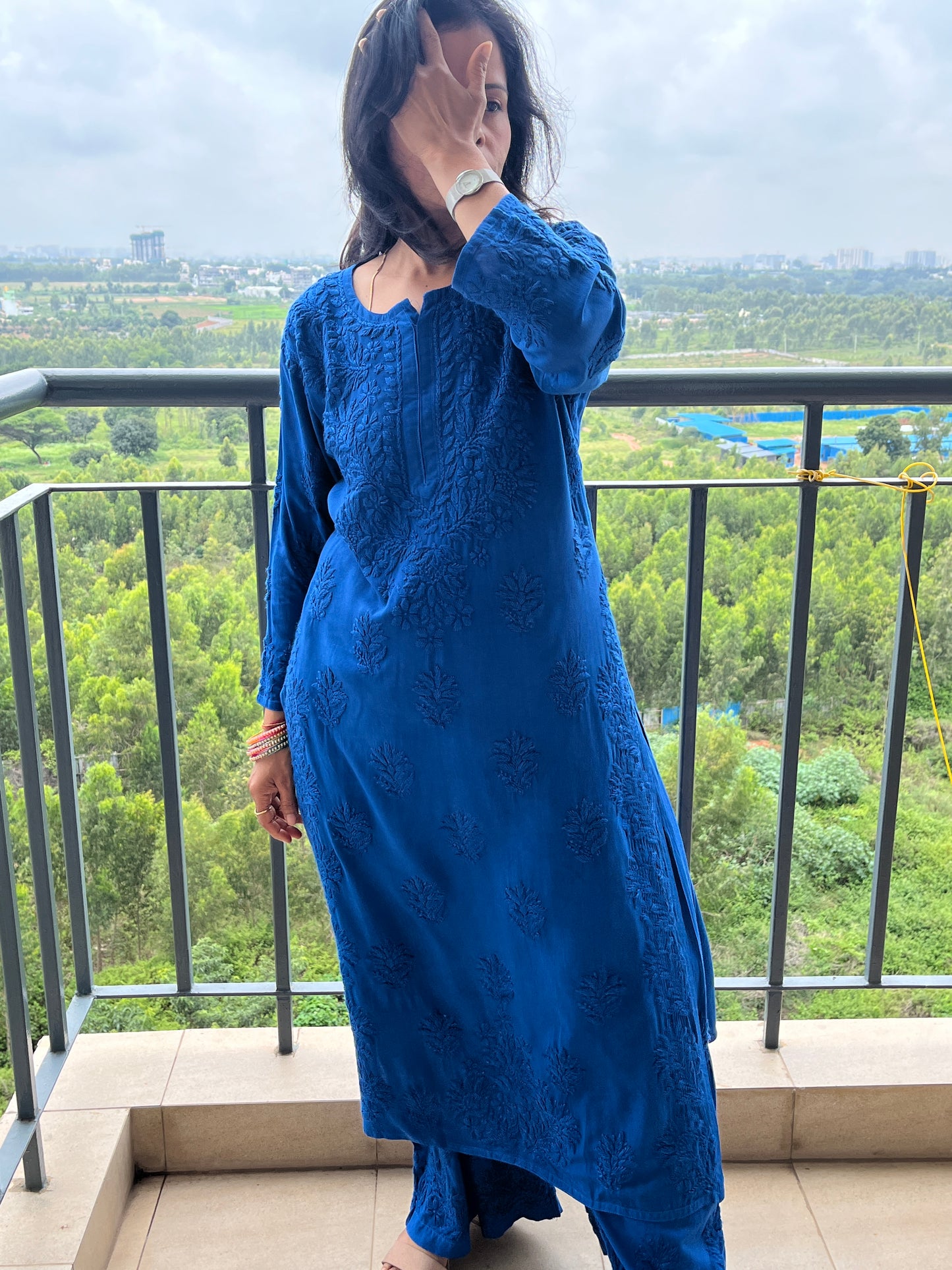 Rayon 3D Chikankari Kurta Set- Blue