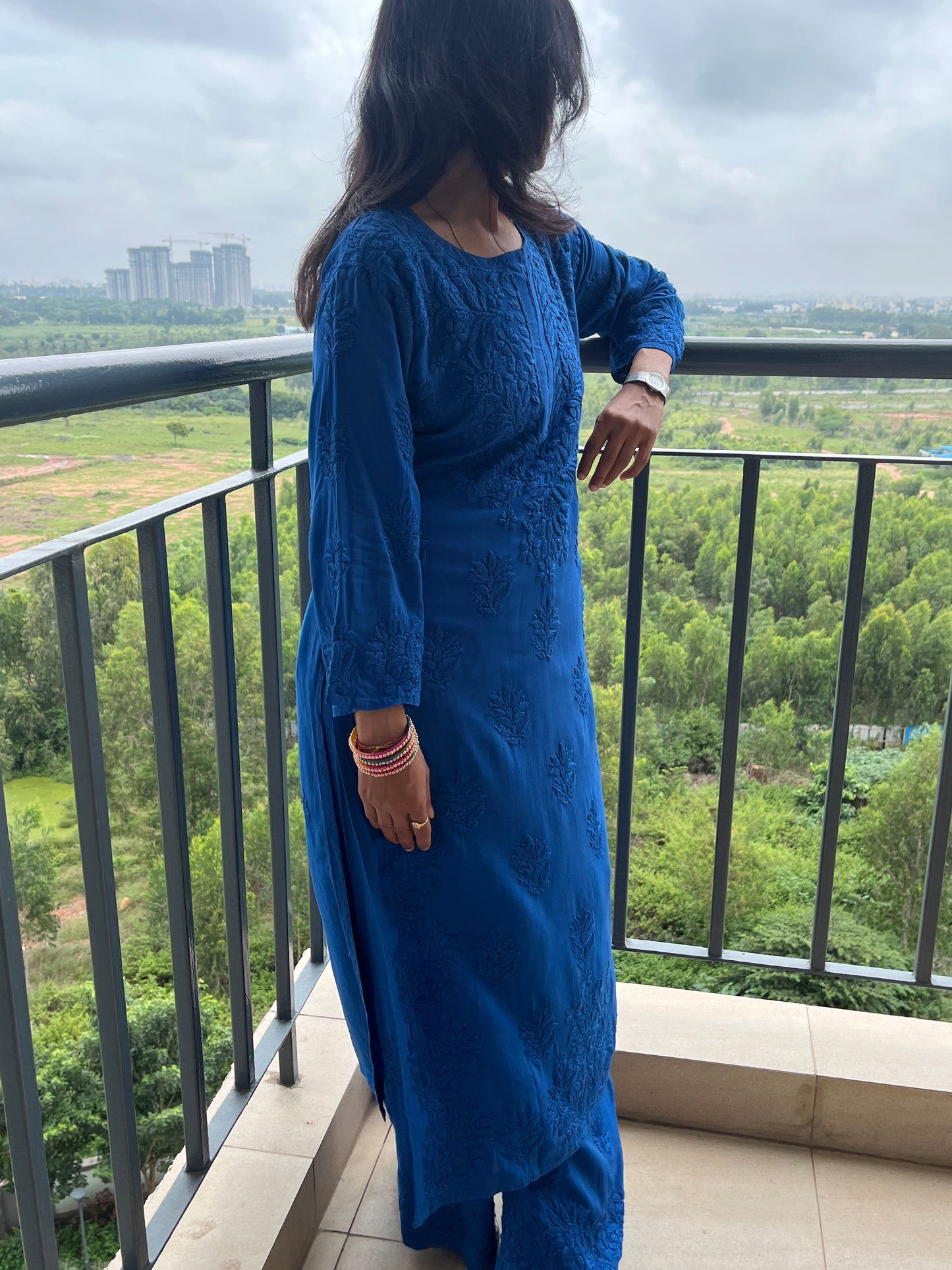 Rayon 3D Chikankari Kurta Set- Blue