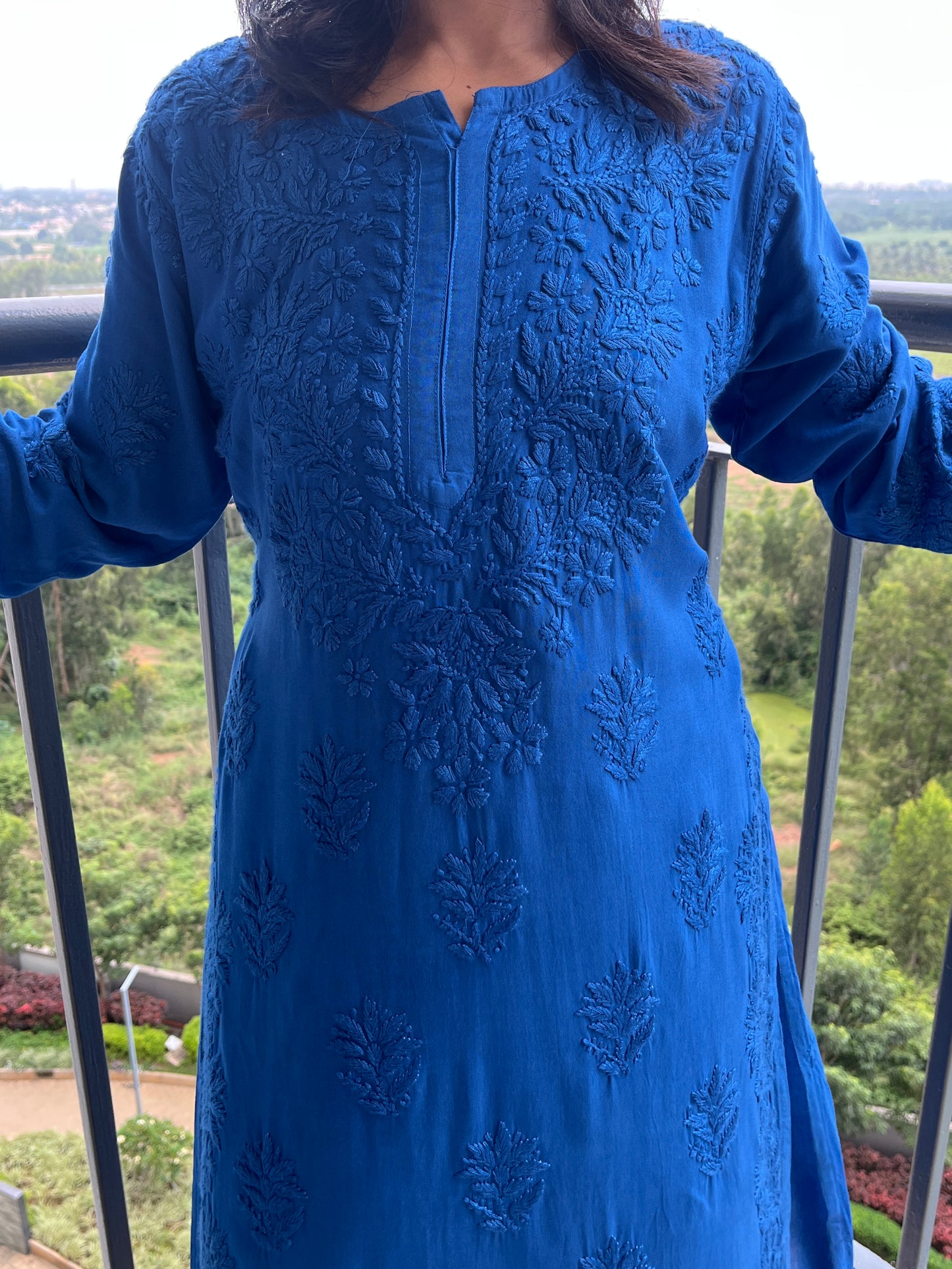 Rayon 3D Chikankari Kurta Set- Blue