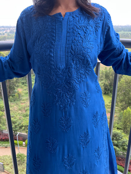 Rayon 3D Chikankari Kurta Set- Blue