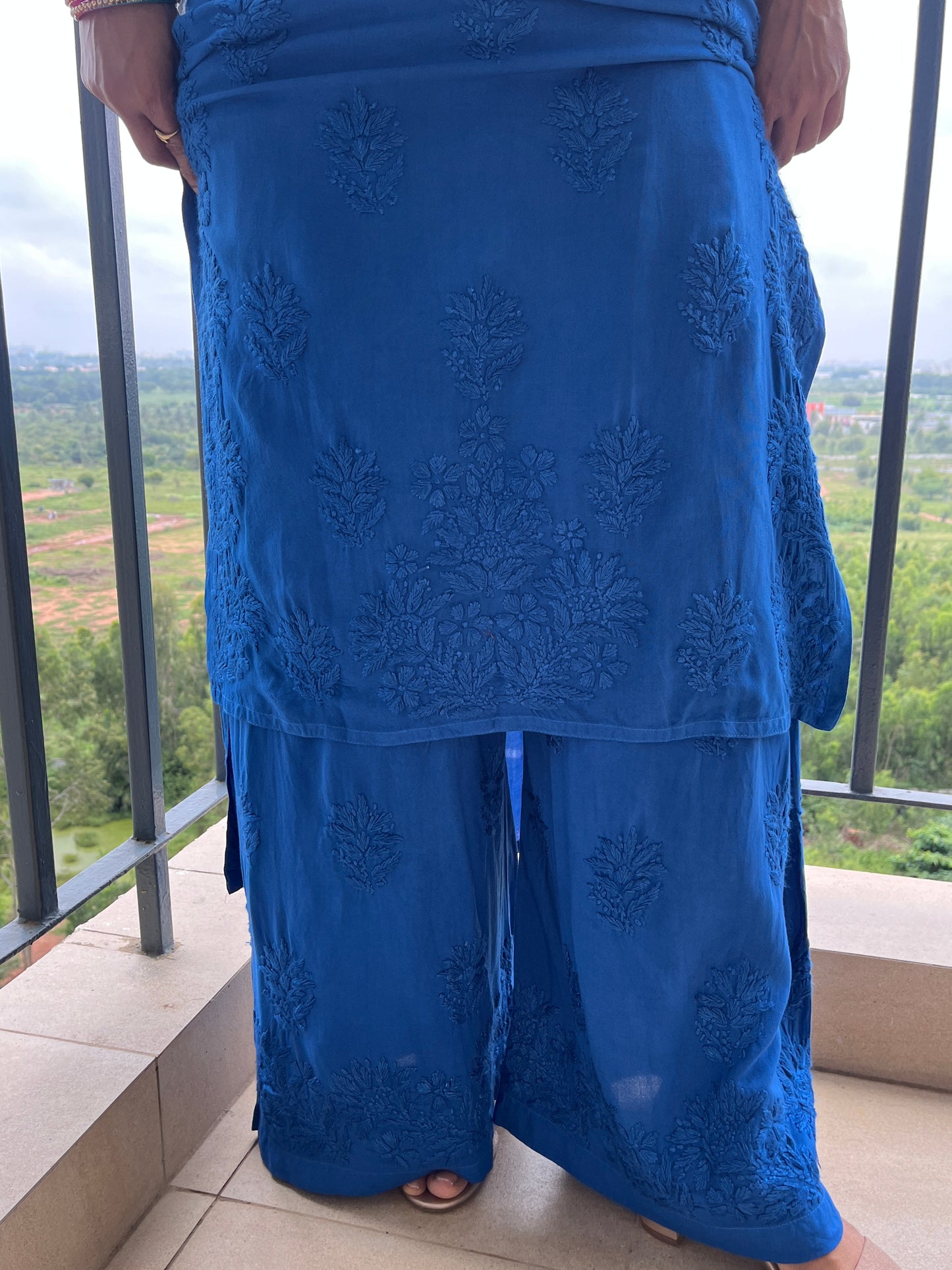 Rayon 3D Chikankari Kurta Set- Blue