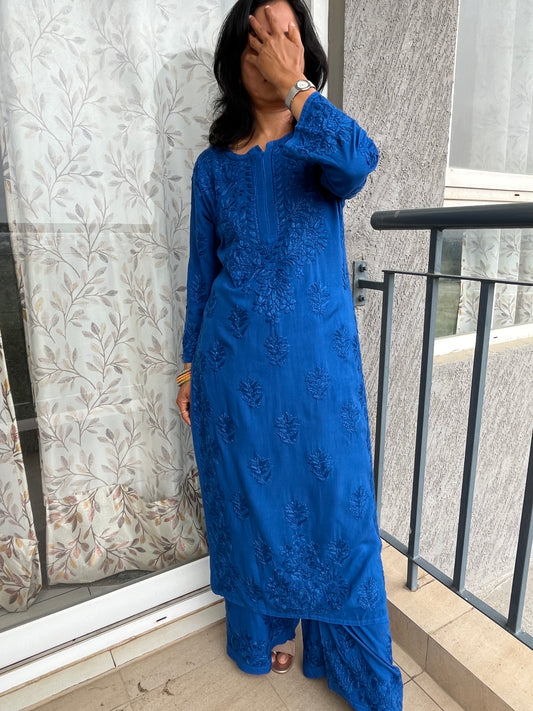 Rayon 3D Chikankari Kurta Set- Blue
