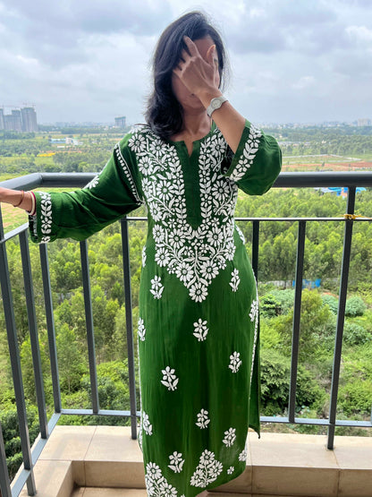 Modal 3D Chikankari Women's Long Kurta - Green