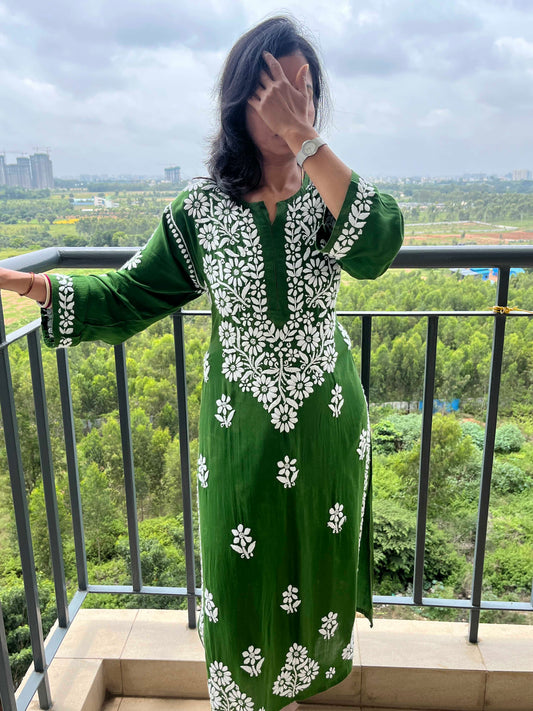 Modal 3D Chikankari Women's Long Kurta - Green