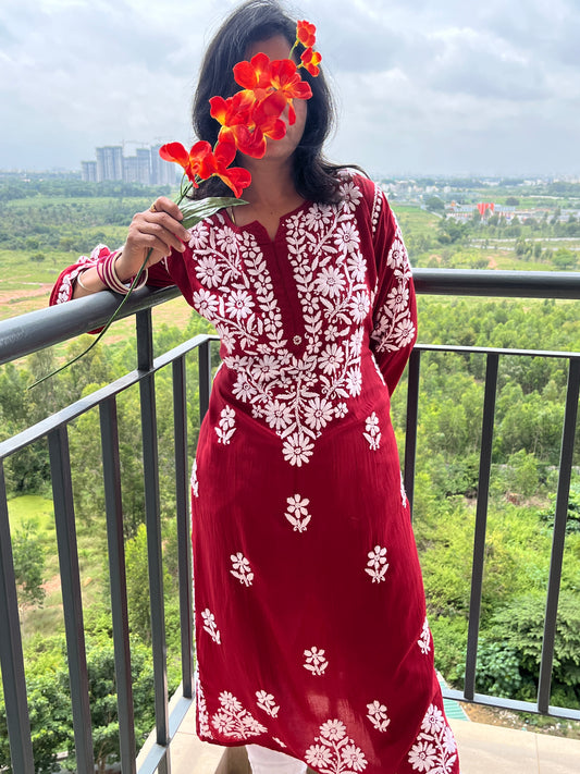 Modal 3D Chikankari Women's Long Kurta - Red