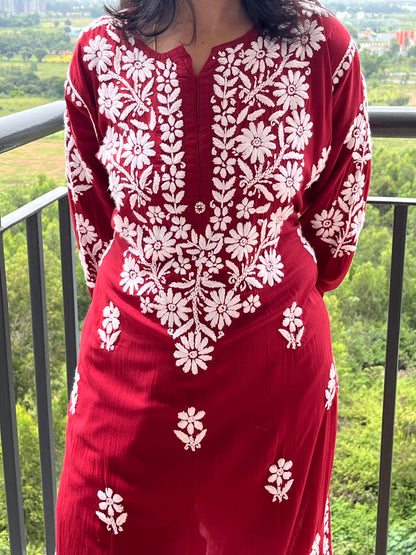 Modal 3D Chikankari Women's Long Kurta - Red