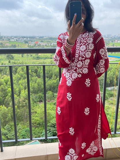 Modal 3D Chikankari Women's Long Kurta - Red
