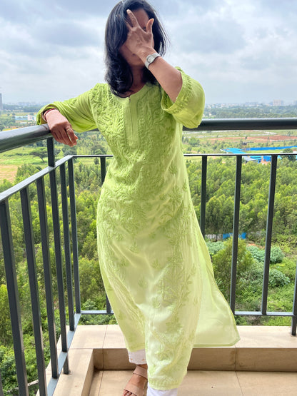 Modal 3D Chikankari Long Kurta - Ombre Green