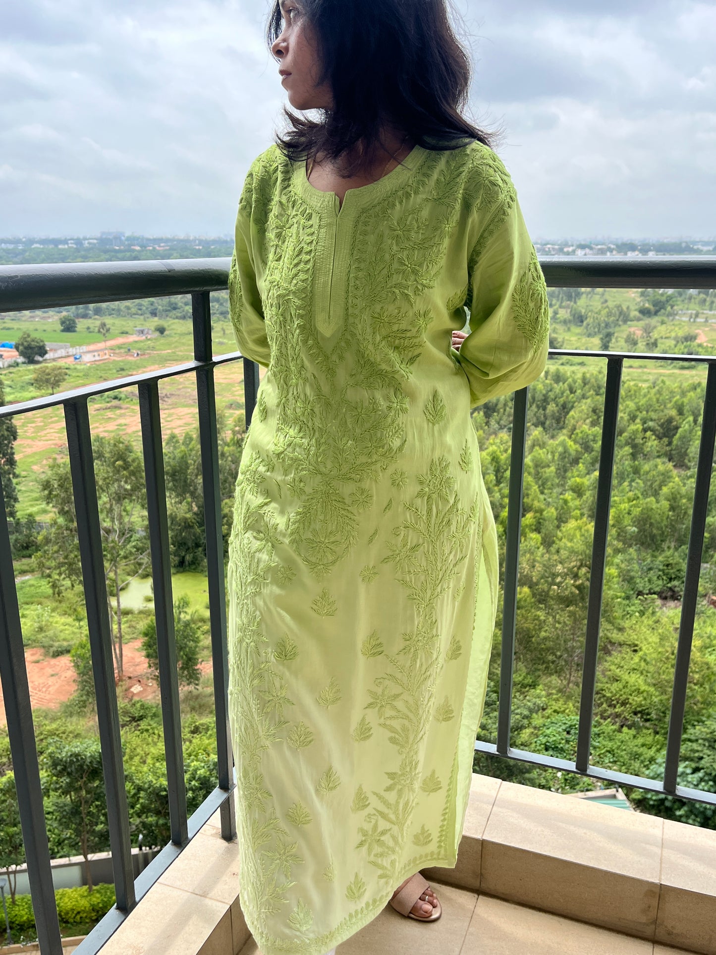 Modal 3D Chikankari Long Kurta - Ombre Green