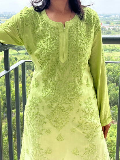 Modal 3D Chikankari Long Kurta - Ombre Green