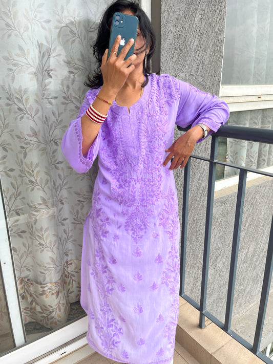 Modal 3D Chikankari  Long Kurta - Ombre Lavender