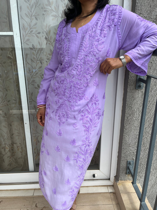 Modal 3D Chikankari  Long Kurta - Ombre Lavender