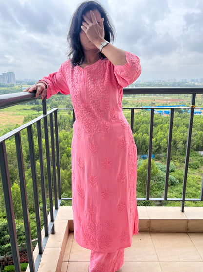 Rayon 3D Chikankari Kurta Set- Peach