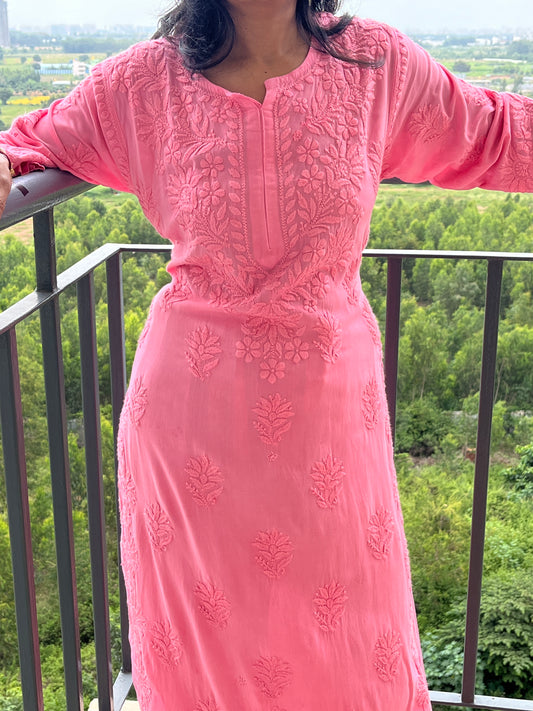 Rayon 3D Chikankari Kurta Set- Peach